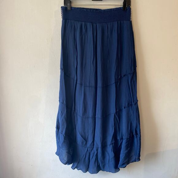 A Byer Blue Asymmetrical Pull-on Midi Bohemian Festival Skirt SZ M Flowy Fairy - Picture 6 of 7